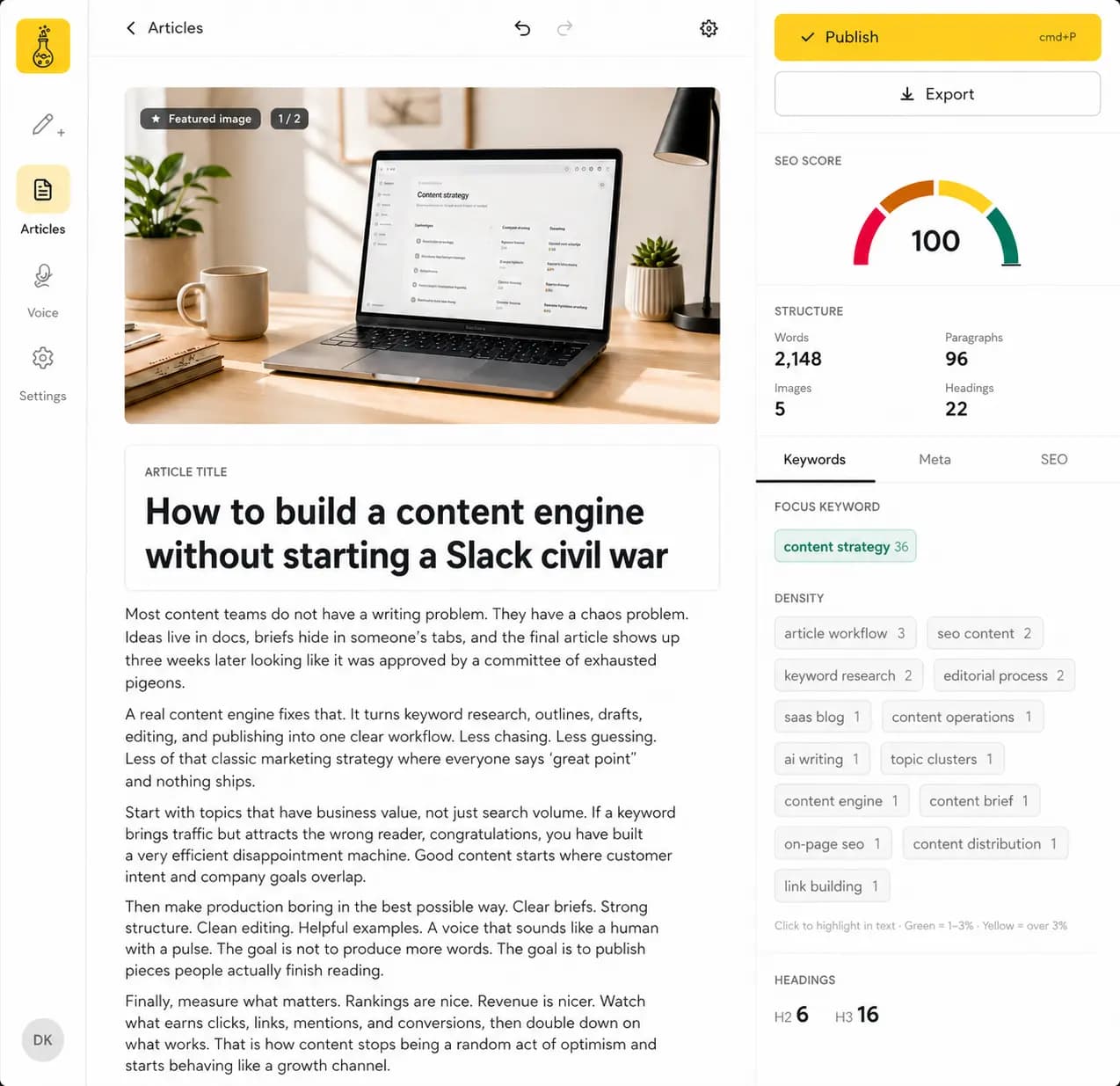 Article Lab editor — article draft, SEO score, keyword analysis and publish in one view