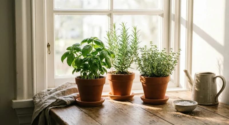 Potted herbs on a windowsill