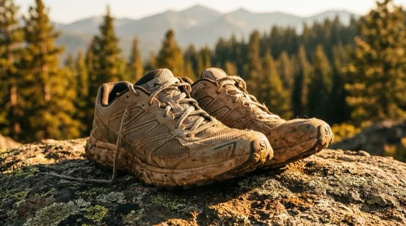 Trail running shoes on mountain path